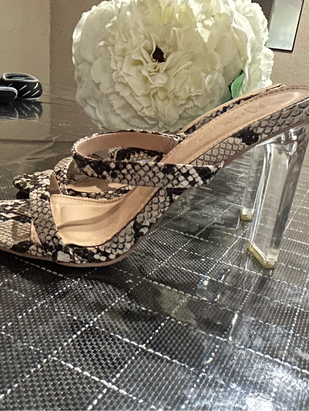Mixx Shuz Snake-Print Strappy Sandals in Beige and Black with Clear Heel